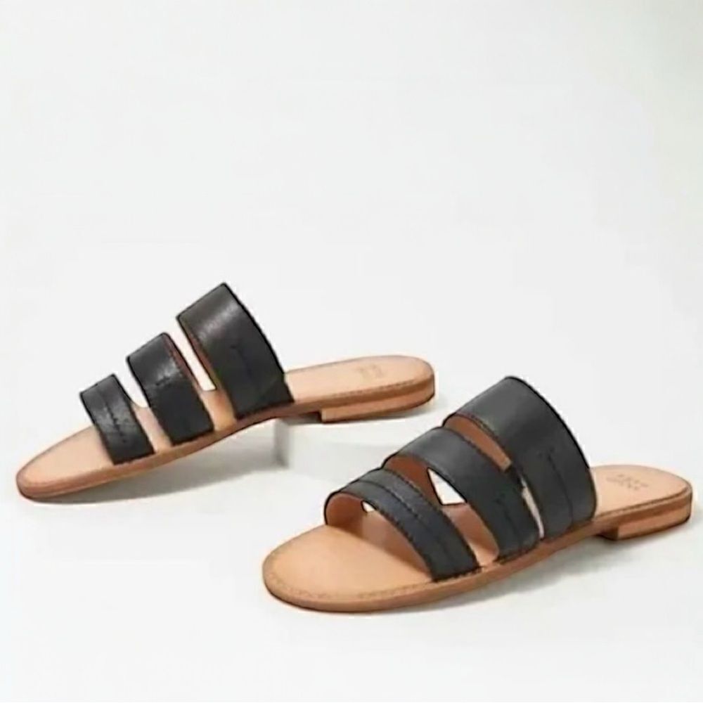 Frye & Co. Evie 3 Band Slide Leather Sandals Black Size 6.5